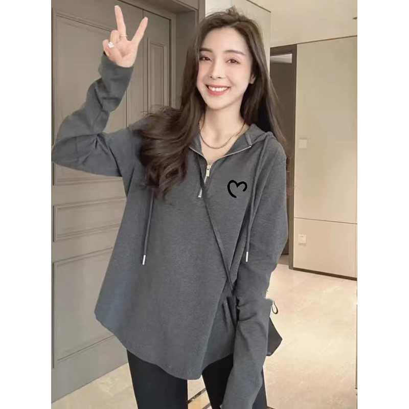 大码连帽卫衣女秋季2023新款爆款宽松胖妹妹洋气半拉链中长款上衣