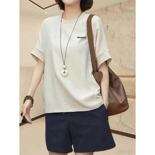 女装 宽松上衣夏季 大码 圆领设计感蝙蝠袖 胖mm五分袖 T恤纯棉打底衫