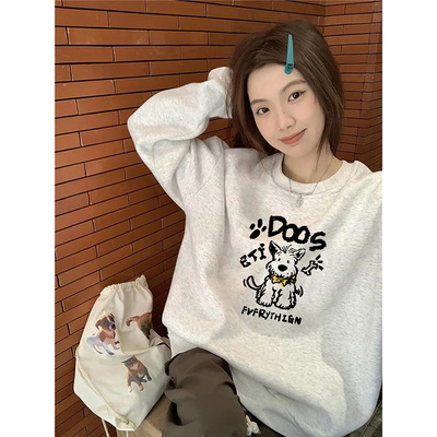 洋气减龄印花圆领加绒卫衣女春秋