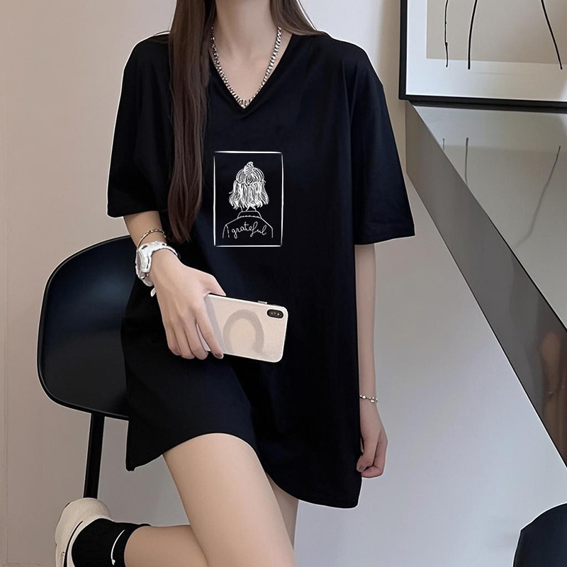 欧货大版宽松V领上衣女中长款遮屁股短袖T恤夏季纯棉设计感打底衫