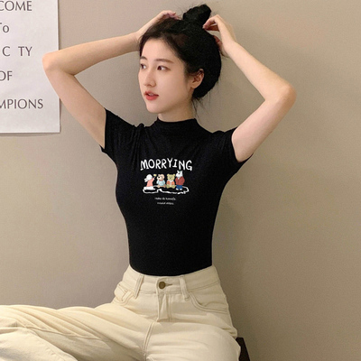 纯欲风修身半高领打底衫女夏纯棉