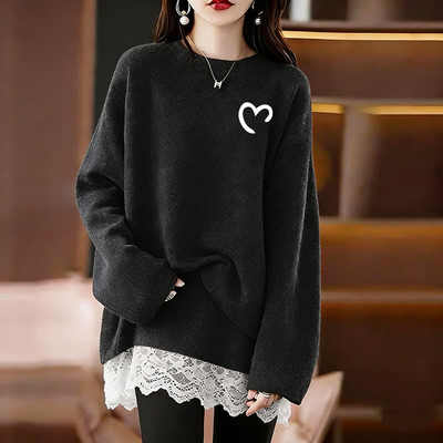 时髦洋气黑色蕾丝花边长袖T恤女