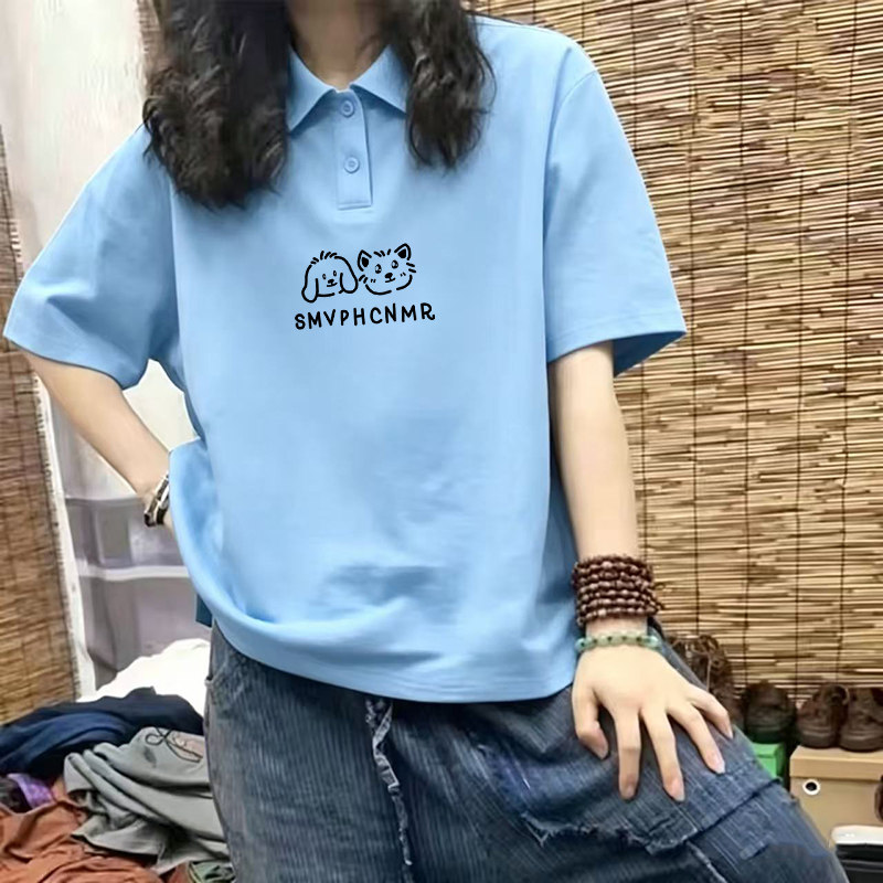 oversize宽松Polo领短袖T恤女夏正肩显瘦半袖上衣胖mm遮肉打底衫