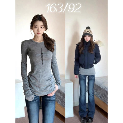 灰色加长款内搭打底衫女修身上衣