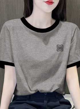撞色减龄上衣欧货纯棉短袖t恤女2023夏季新款灰色正肩宽松体恤潮