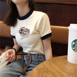 新款 t恤女短款 纯棉百搭设计感2023年夏季 短袖 上衣 修身 高腰体恤衫