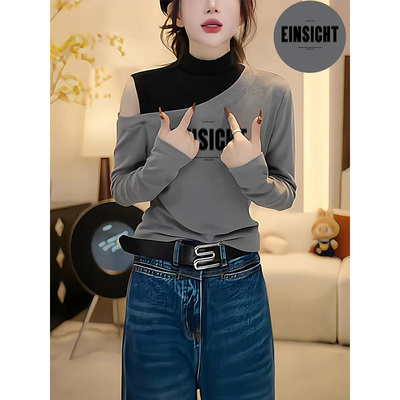 假两件半高领打底衫女秋冬磨毛