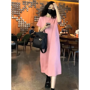 夏季 连衣裙女纯棉过膝懒人裙 短袖 T恤长裙子直筒显瘦宽松外穿大码