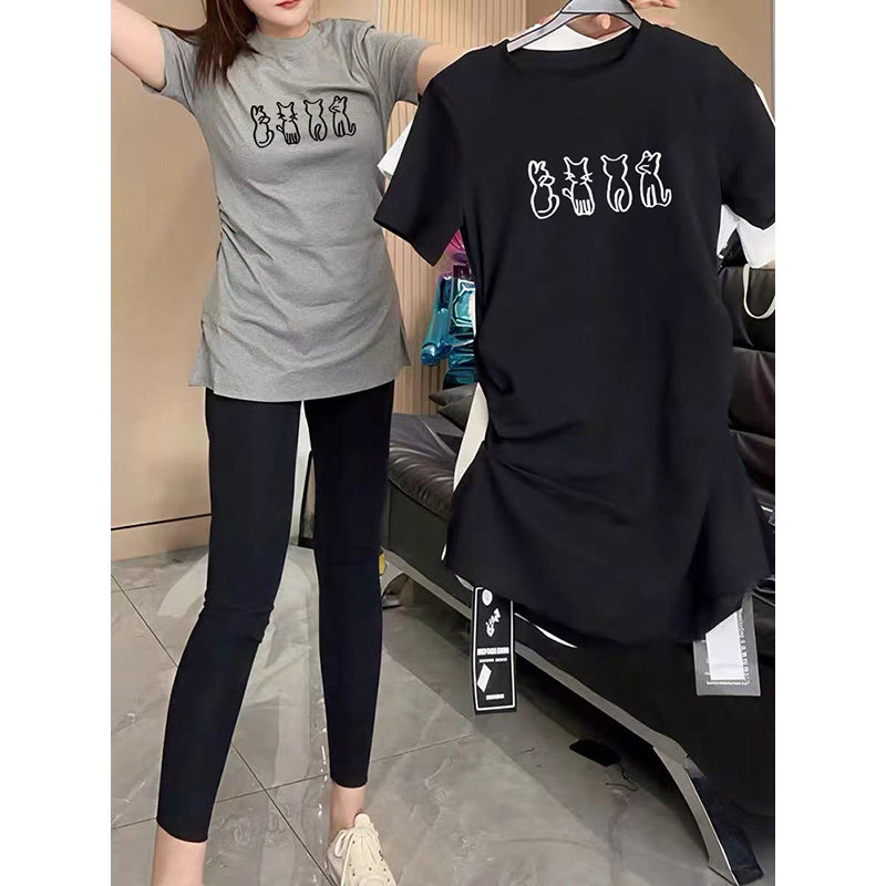 黑色正肩短袖女纯棉t恤夏季中长款褶皱收腰显瘦上衣设计感打底衫