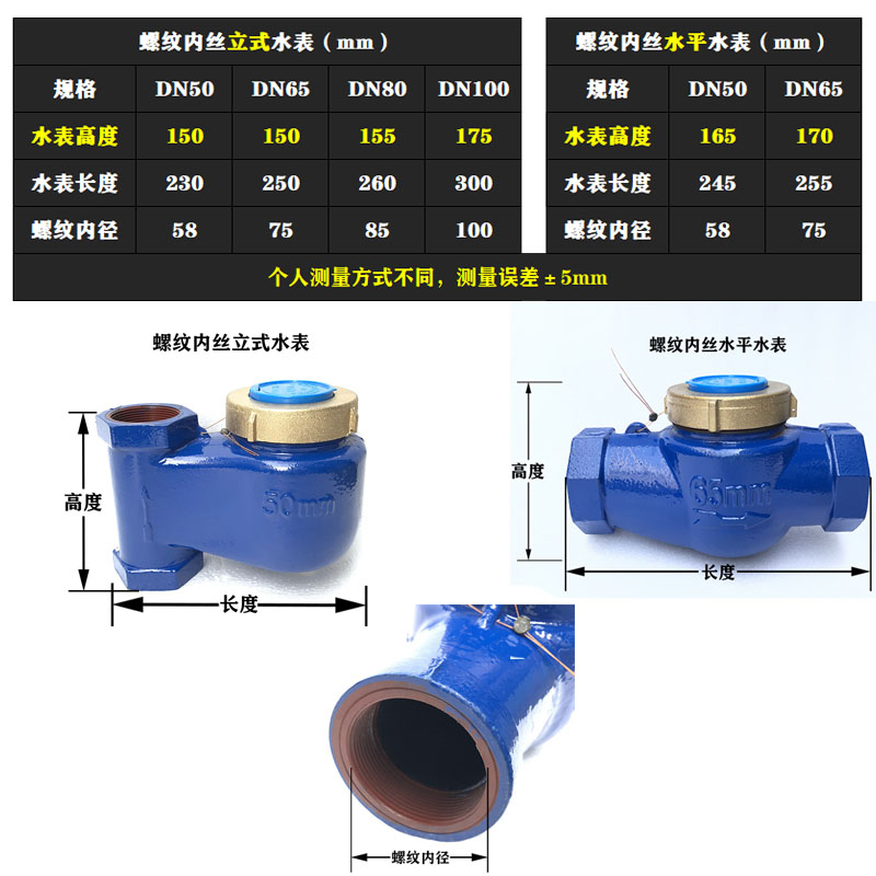 DN50内螺纹冷水表DN65内丝数字热水表旋翼式内牙水表立式丝口水表