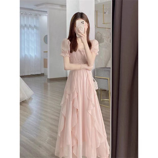 法式 感 溫柔風(fēng)氣質(zhì)仙女長(zhǎng)裙質(zhì)感新品 桔梗粉色方領(lǐng)連衣裙女夏季