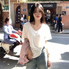 基础款纯白色V领正肩短袖t恤女夏季宽松百搭休闲慵懒风松弛感上衣