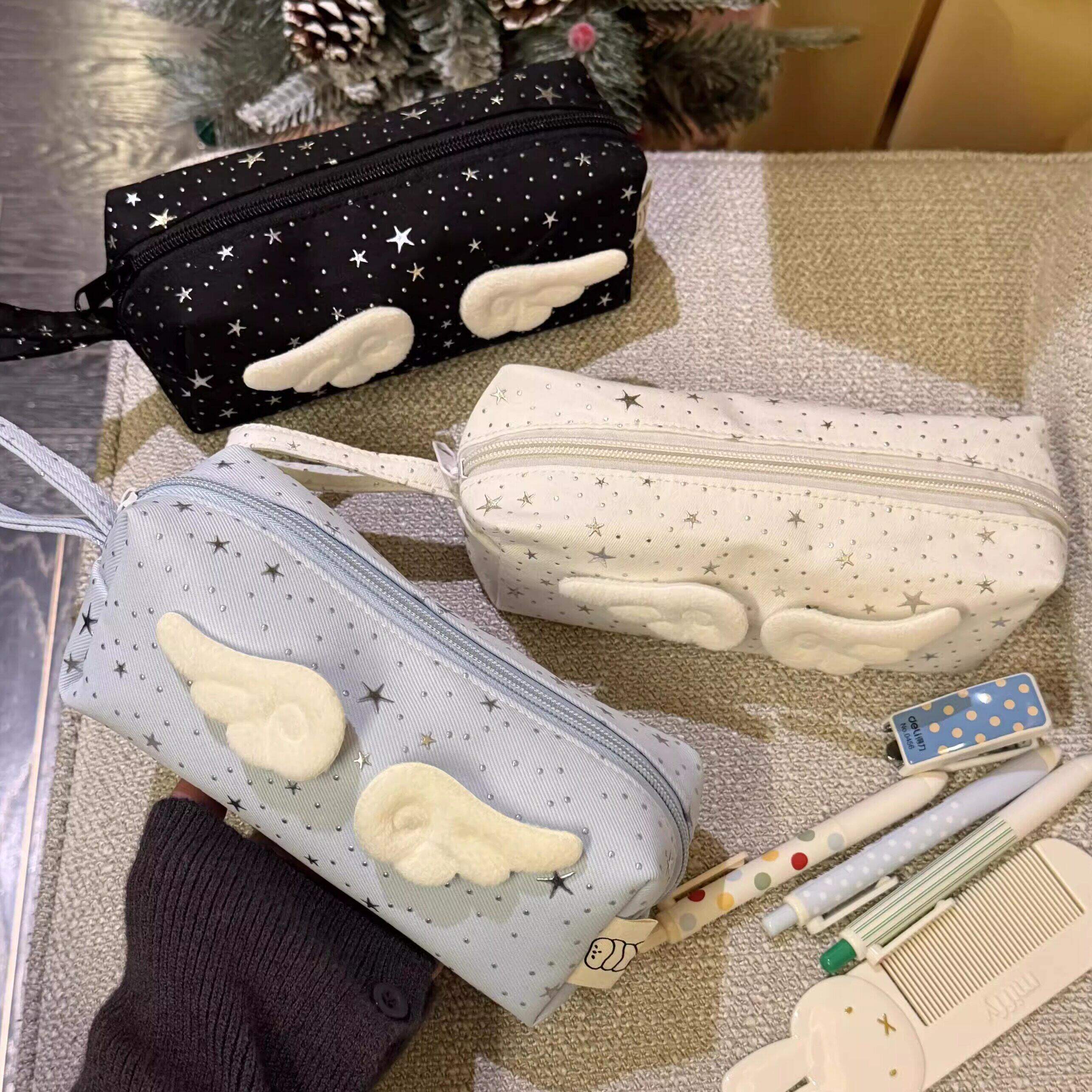 ins韩系天使翅膀烫银星星笔袋高颜值学生大容量文具收纳整理袋