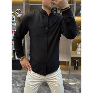 帅气长袖 商务时尚 潮流韩版 百搭轻奢简约纯色立领衬衫 秋季 男士 新款