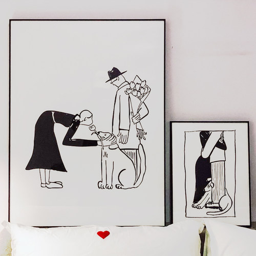 韩国艺术家我的爱人和狗狗黑白壁画浪漫温馨情侣装饰画治愈系挂画