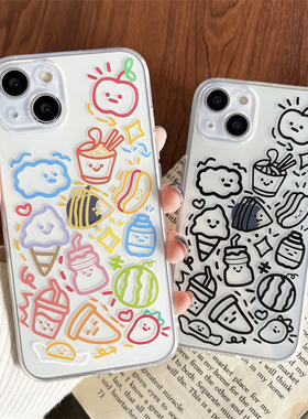 纯色简约线条表情适用苹果14plus手机壳彩色12promax透明软16max防摔壳15情侣女8plus外壳7男13mini新款se3/6