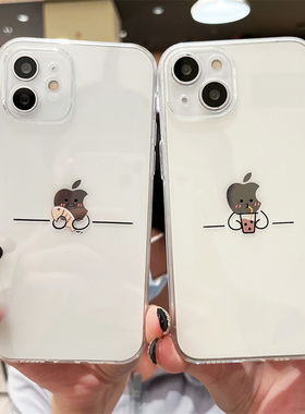 趣味摸鱼喝奶茶的火柴人适用苹果13手机壳iPhone12mini新款se3透明14/15防摔壳6s情侣女8plus外壳男11proma16