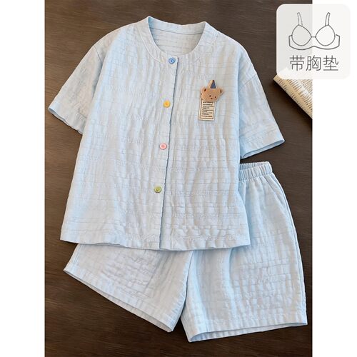 棉绸带胸垫夏季睡衣女甜美风可爱卡通小熊短袖小个子家居服可外穿