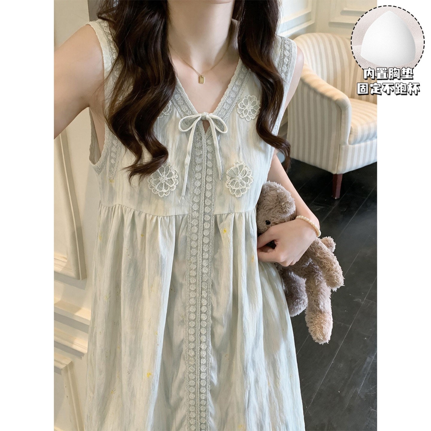 睡衣女款夏季法式甜美蕾丝花边无袖背心睡裙带胸垫过膝长裙家居服