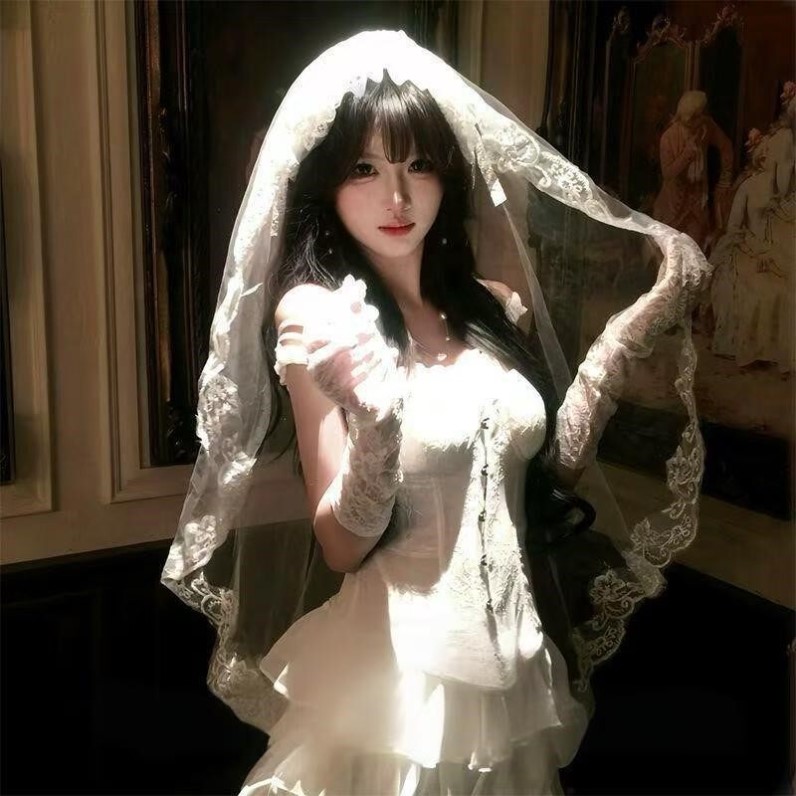 万圣节头饰鬼新娘复古白色蕾丝头纱领证结婚生日拍照道具婚纱发饰