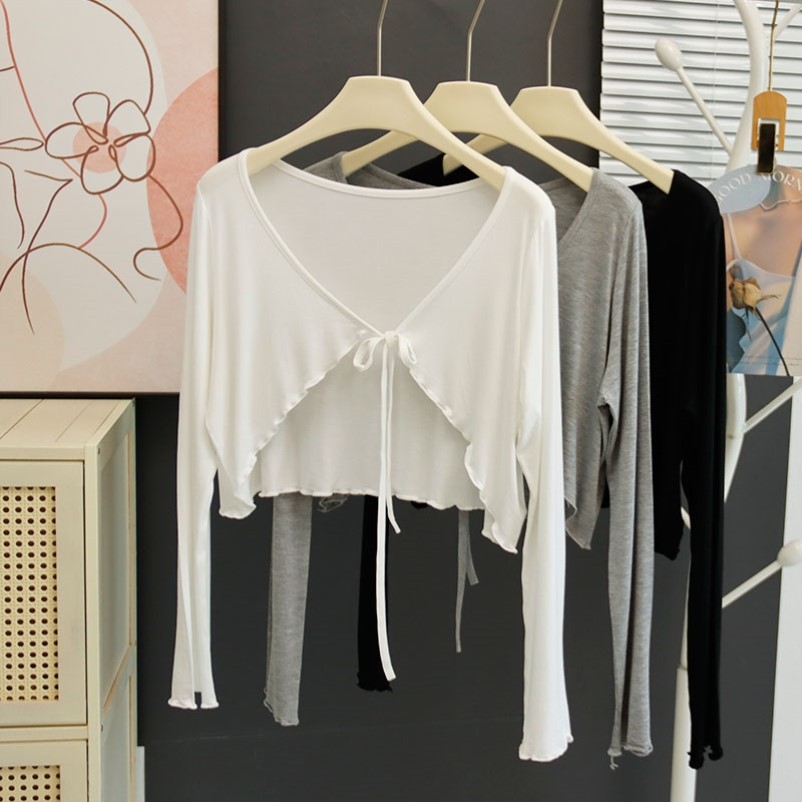 莫代尔短款开衫女夏防晒吊带裙披肩小坎肩外搭罩衫木耳边上衣外套