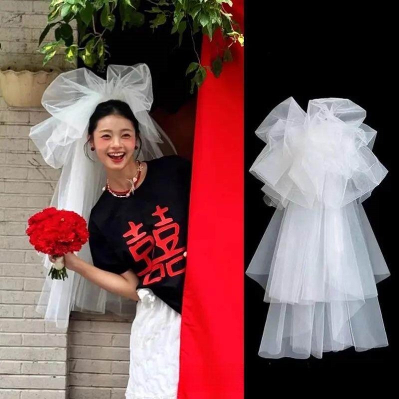 2025新款头纱抓泡云朵蓬蓬头纱韩式新娘摄影造型街拍婚纱跟妆白色