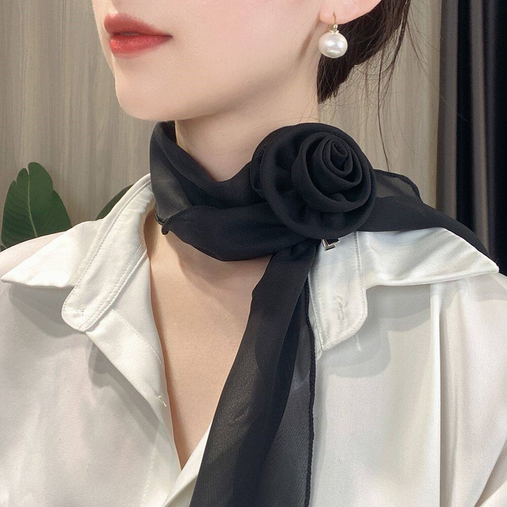 2026夏季新款韩版纯色玫瑰花丝巾飘带女百搭时尚薄款围巾护颈围脖