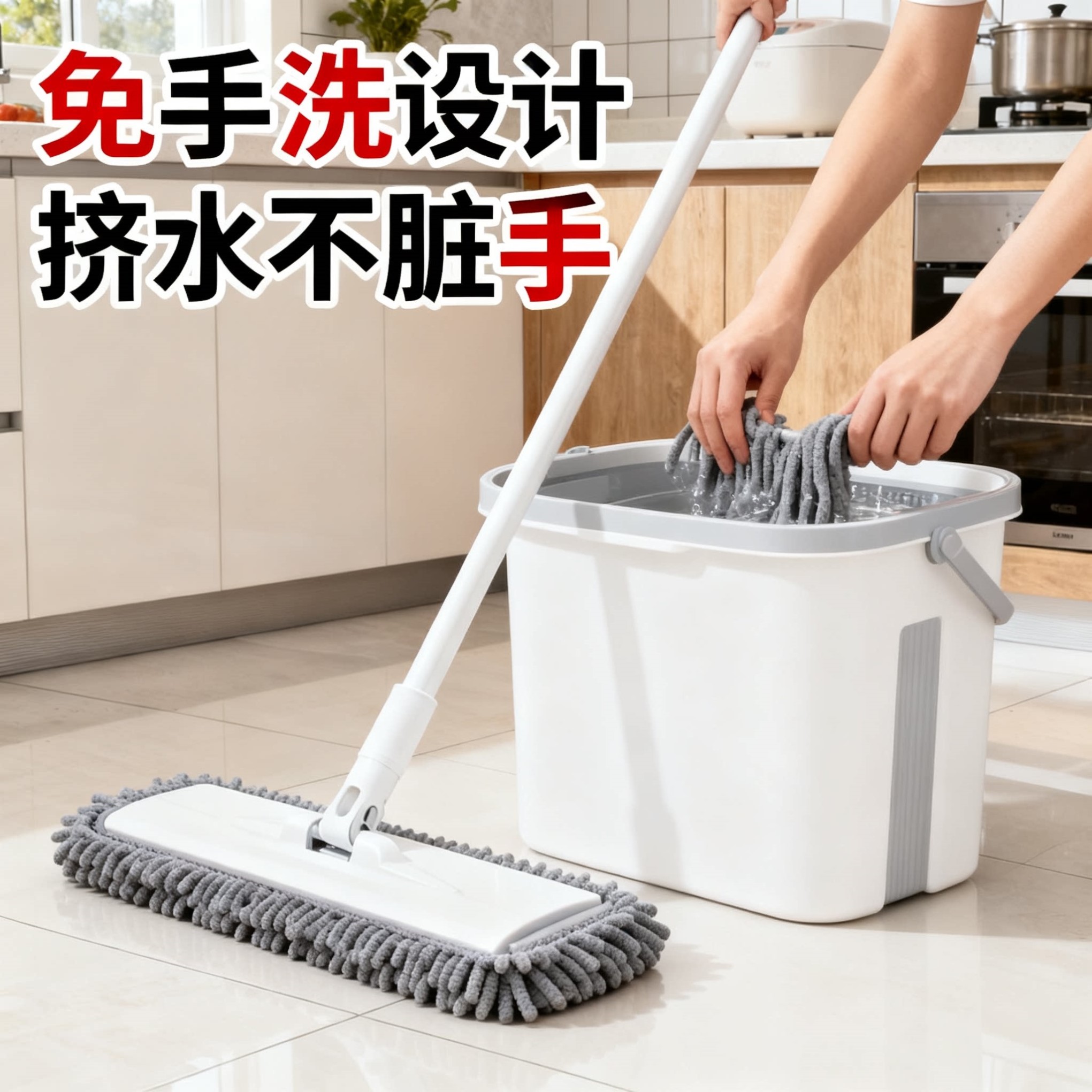 雪尼尔免手洗平板拖把加厚木地板魔术长毛墩布大号带桶拖布一拖净
