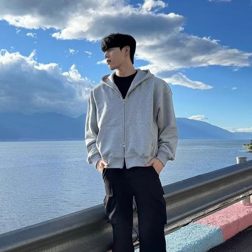 双拉链潮流加绒连帽开衫卫衣