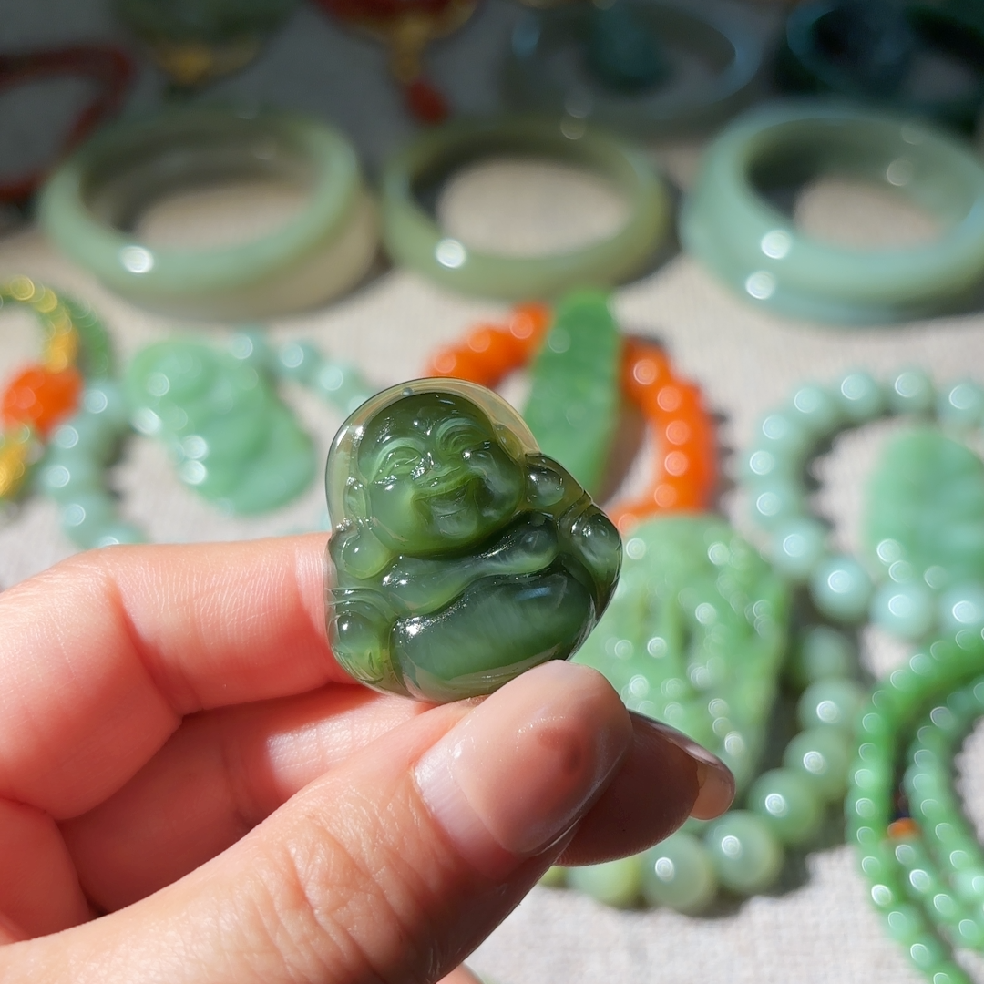 和田玉碧玉黑猫眼佛公35×28mm