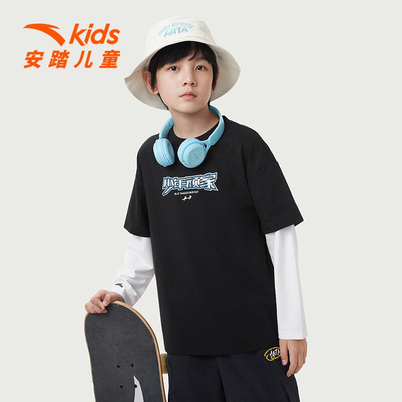 安踏儿童男童长袖T恤2026春秋季新款中大童圆领上衣
