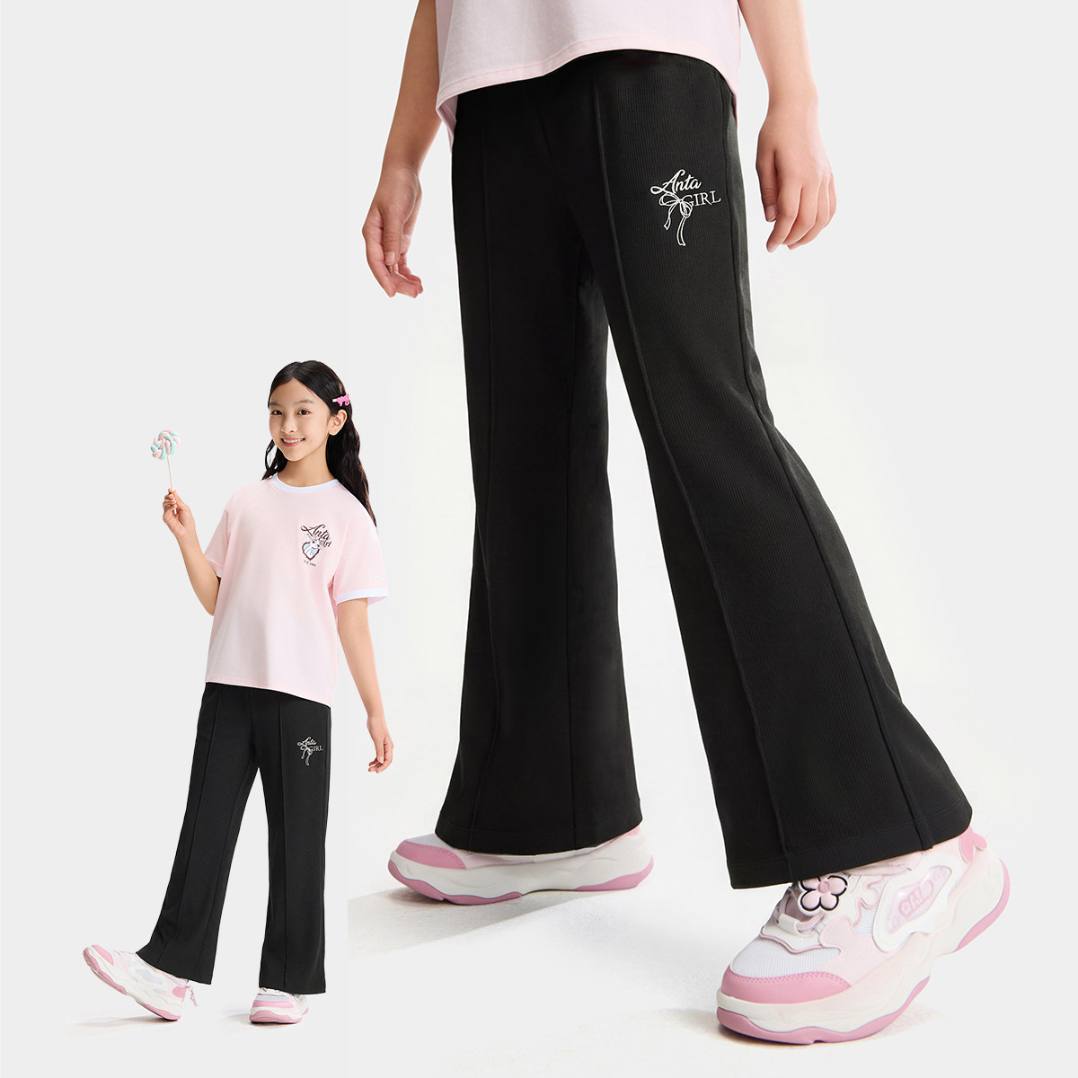 小鹿斑比安踏儿童女大童裤子喇叭裤夏季薄款2026新款女孩微喇长裤