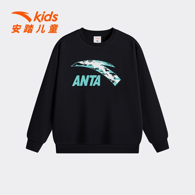 安踏儿童男童针织套头衫2025新款加绒舒适青少年圆领运动卫衣