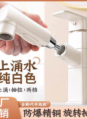 面盆水龙头白色全铜抽拉式卫生间浴室柜洗脸盆洗手盆两用冷热龙头