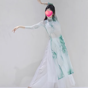 新国风舞古典舞印花网纱半高领高开叉飘逸显瘦艺考练功服演出套装