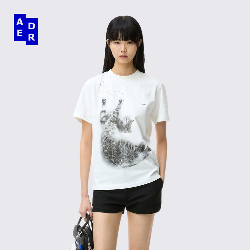 ADERERROR Pet Blue cat T恤01条纹猫咪印画宽松T恤