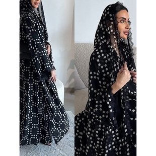 中东迪拜女装新款波点雪纺开衫含纱巾蕾丝拼接时尚长袍Women Robe