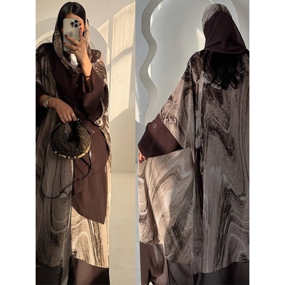 Open Kimono Caftan阿拉伯阿布扎比及脚踝雪纺印花长袍开衫带纱巾