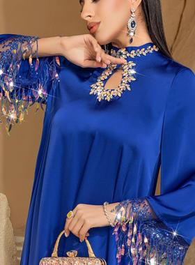 中东迪拜旅行拍照蓝色幻彩镭射渐变流苏长袍长款连衣裙dress robe