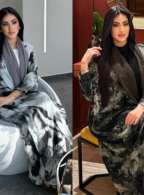 中东沙特阿拉伯印花长裙开衫女迪拜大码长袍Arab women long robe