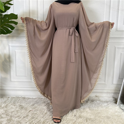 潮流蕾丝拼接宽松系带长袖长袍女Muslim Fashion Hijb Long Dres