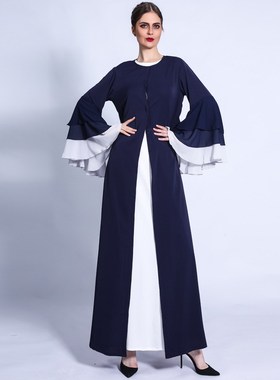 新款穆斯女长裙拼色三层雪纺波浪袖外搭open dress robee muslim
