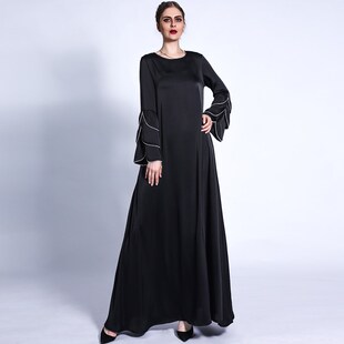 迪拜女装长袍三层亮珠回民A字大摆耳其超长裙muslim dress women