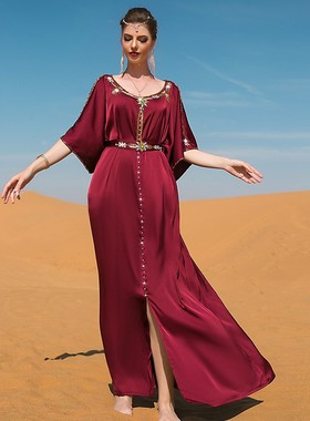 酒红色露肩缝钻连衣裙中东礼服Abayak Dubai Turkey Muslim Dress