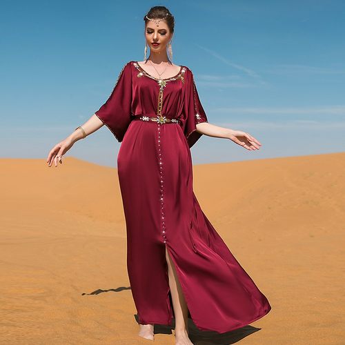 酒红色露肩缝钻连衣裙中东礼服Abayak Dubai Turkey Muslim Dress
