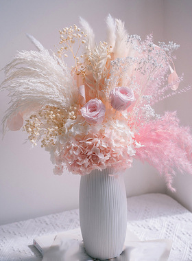 永生花玫瑰芦苇满天星花束ins羽毛真花干花花束家居装饰桌面摆件