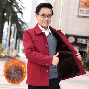 优质秋冬季红色爸爸外套中年男士酒红色加绒加厚夹克中老年人棉袄