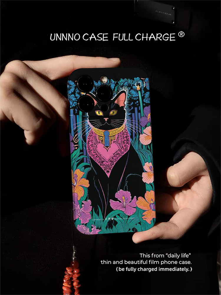 原厂黑花猫iPhone14苹果15promax菲林手机壳全包13mini小众艺术设计师12高级感11原创不会撞壳p40适