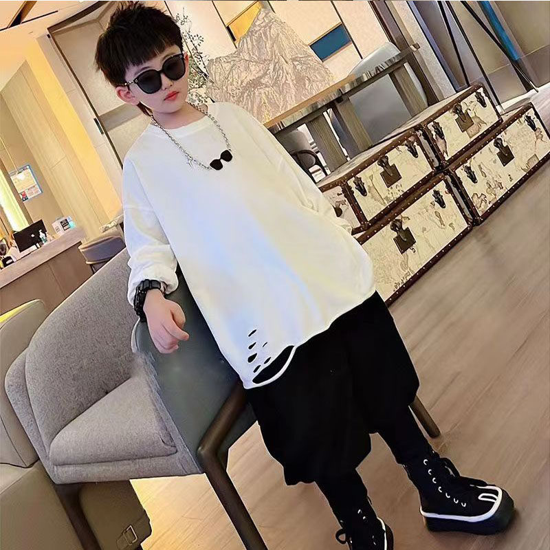 男童长袖t恤春秋款2025中大儿童洋气破洞白色帅气圆领百搭打底衫,童装/婴儿装/亲子装,T恤,淘宝优惠券,粉丝福利购,淘宝优惠卷