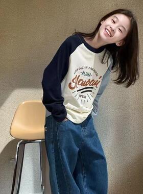 童装女童长袖t恤春秋中大儿童洋气拼色秋冬加绒宽松百搭打底衫潮